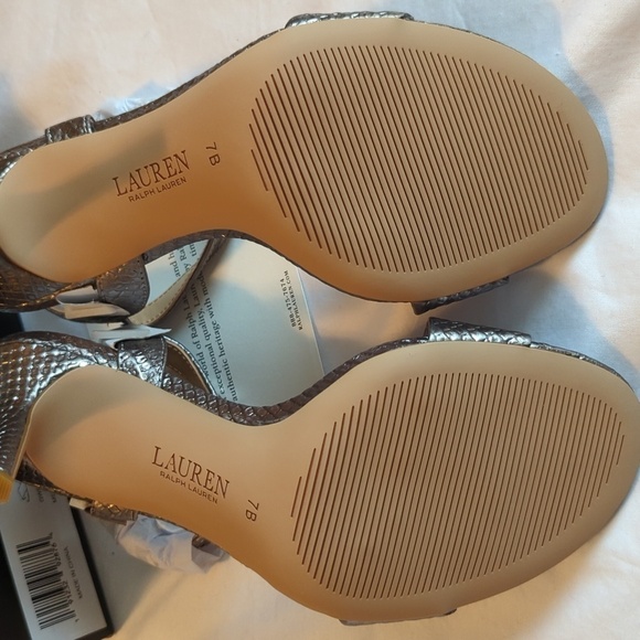 Lauren Ralph Lauren 7B snakeskin, genuine, leather, silver high heel sandals - Picture 7 of 9